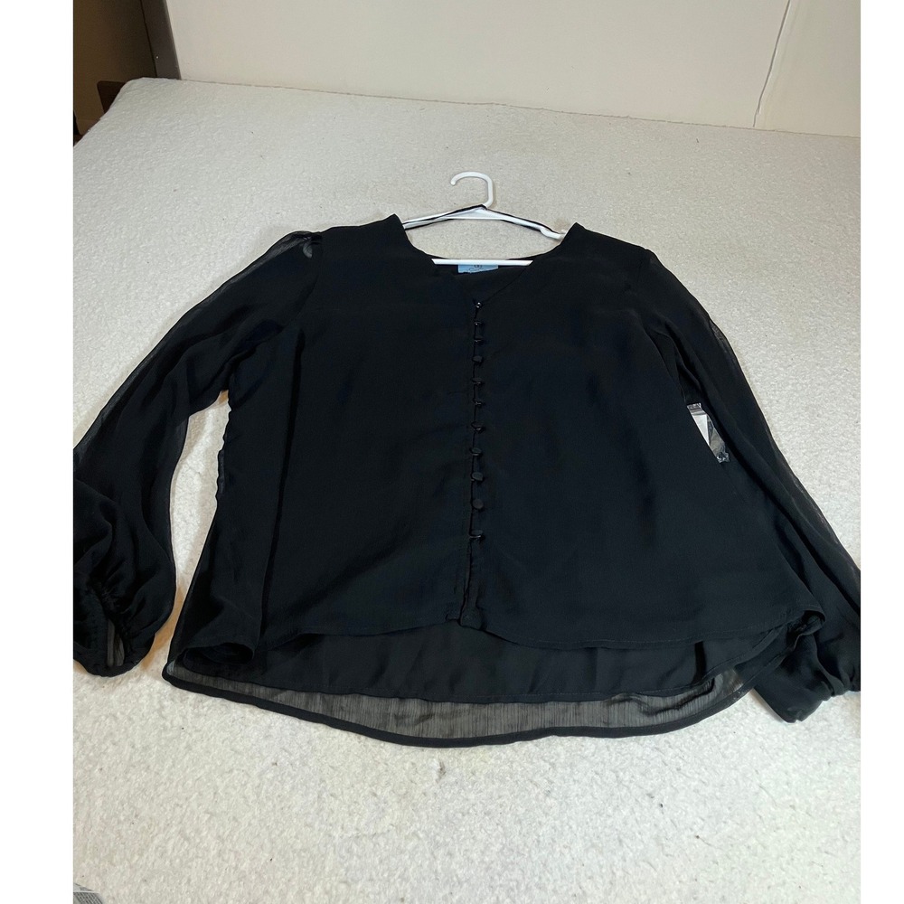 CeCe Women Black V-Neck Button Front Sheer Long Sleeve Chiffon Blouse Size XL